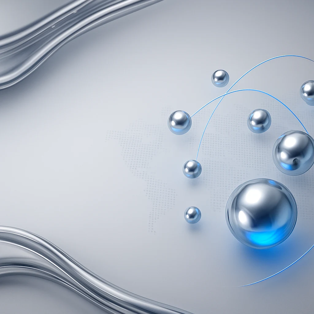 Flowing liquid chrome ribbons and polished chrome data nodes connected across a map, one node glowing blue