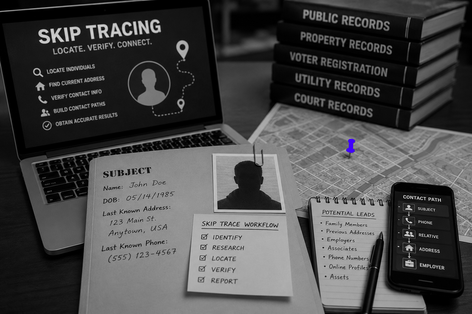 Skip-tracing workflow laid out on a desk: a laptop reading “Locate. Verify. Connect.”, a subject case file, stacks of public, property, voter, utility, and court record books, a city map, and a phone charting a contact path from subject to employer.